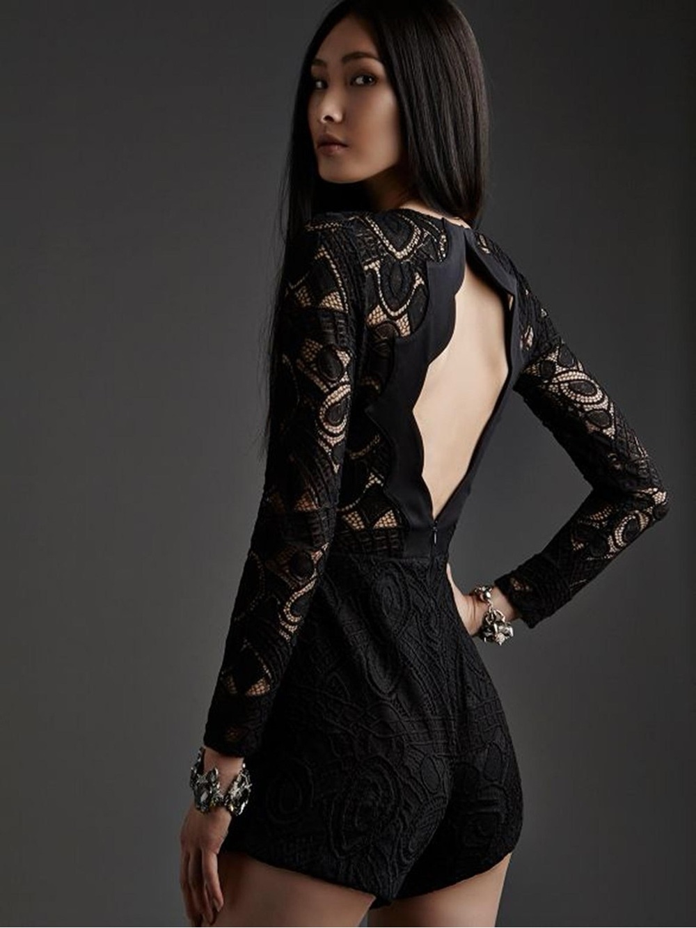Alexis Black Lace Romper with Open Back Size S
